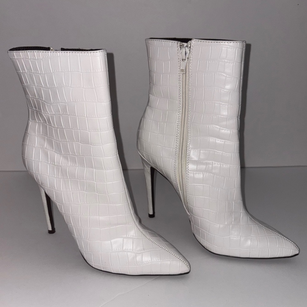 White Croc-Embossed Stiletto Ankle Boots - Women